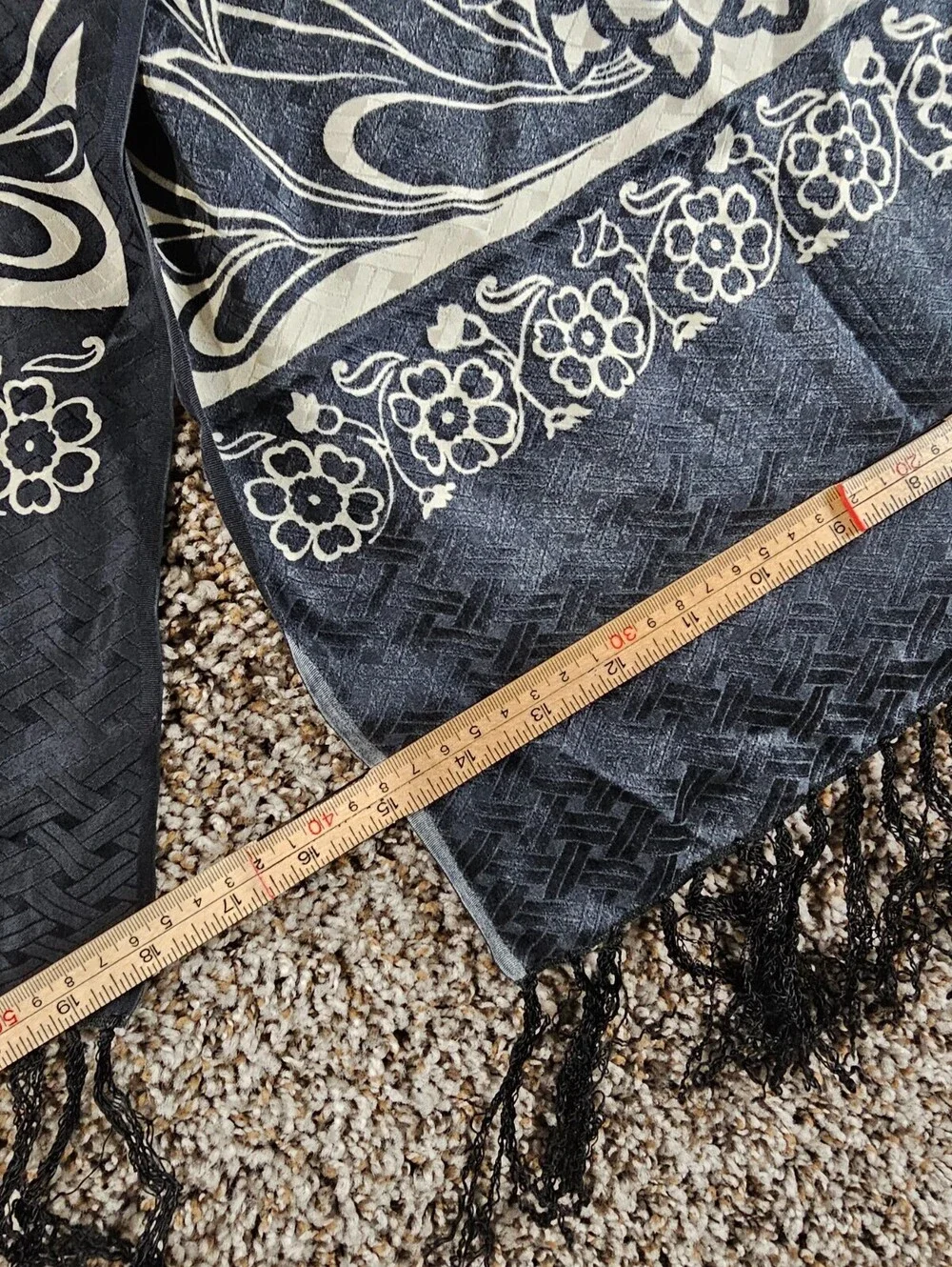 Vintage black and white patterned 100% silk scarf Fringe Hem Floral
